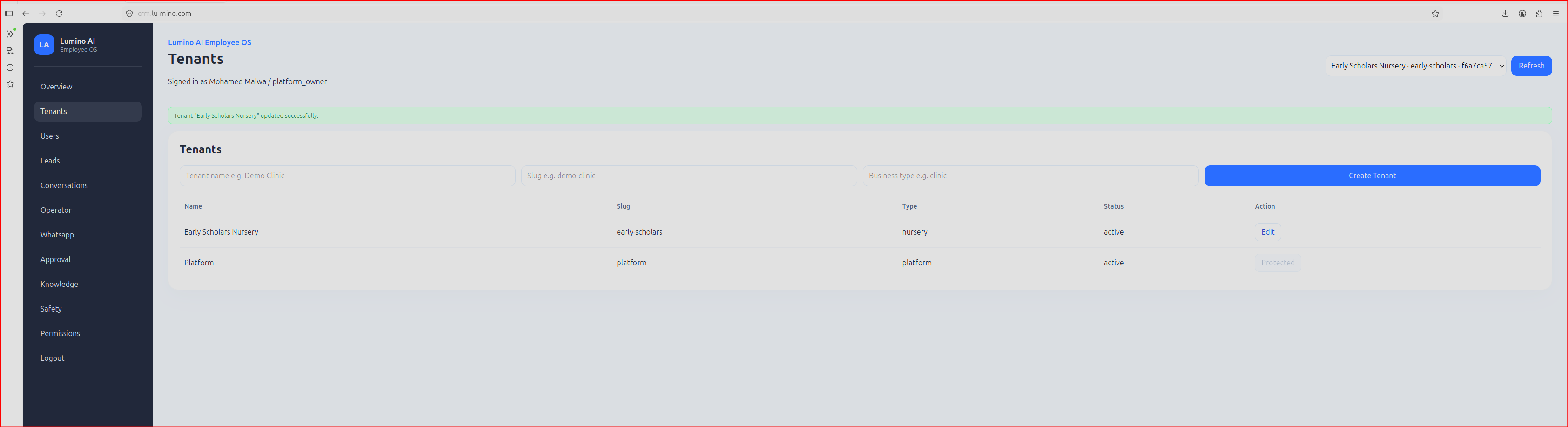 Lumino AI Employee OS dashboard showing tenants, conversations, leads, WhatsApp, approvals and safety controls